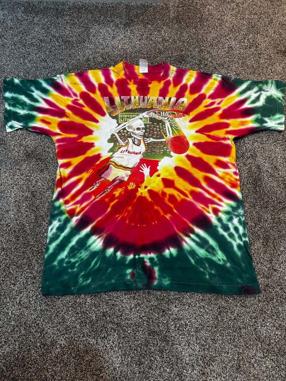 Vintage 1992 Greg Speirs Lithuania Olympic Basketball Skeleton Tie-Dye T-Shirt